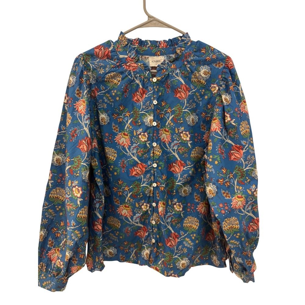 SONMER‎ Floral Print Long Sleeve Mock Neck Blouse Blue Multi Size M